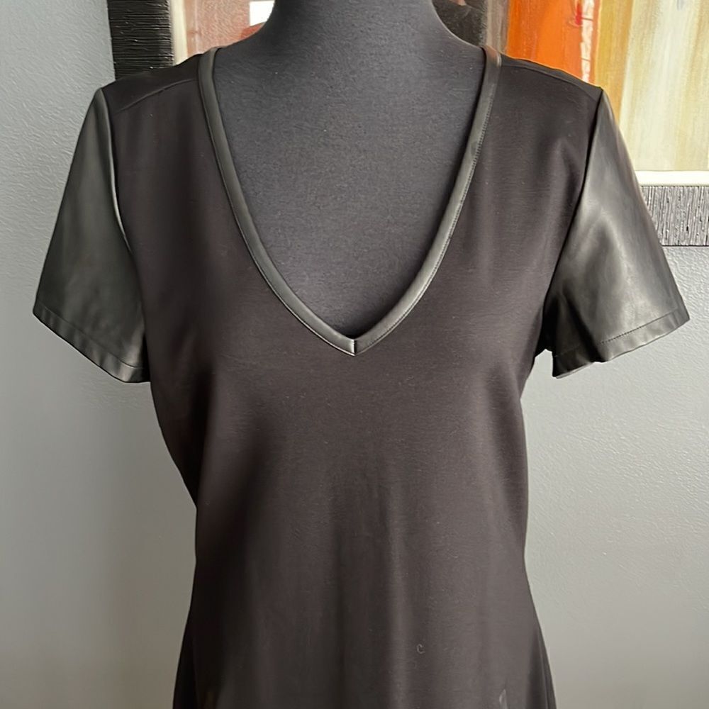 Banana Republic black faux leather V neckline, sleeves, & welted pockets midi. - Picture 3 of 7